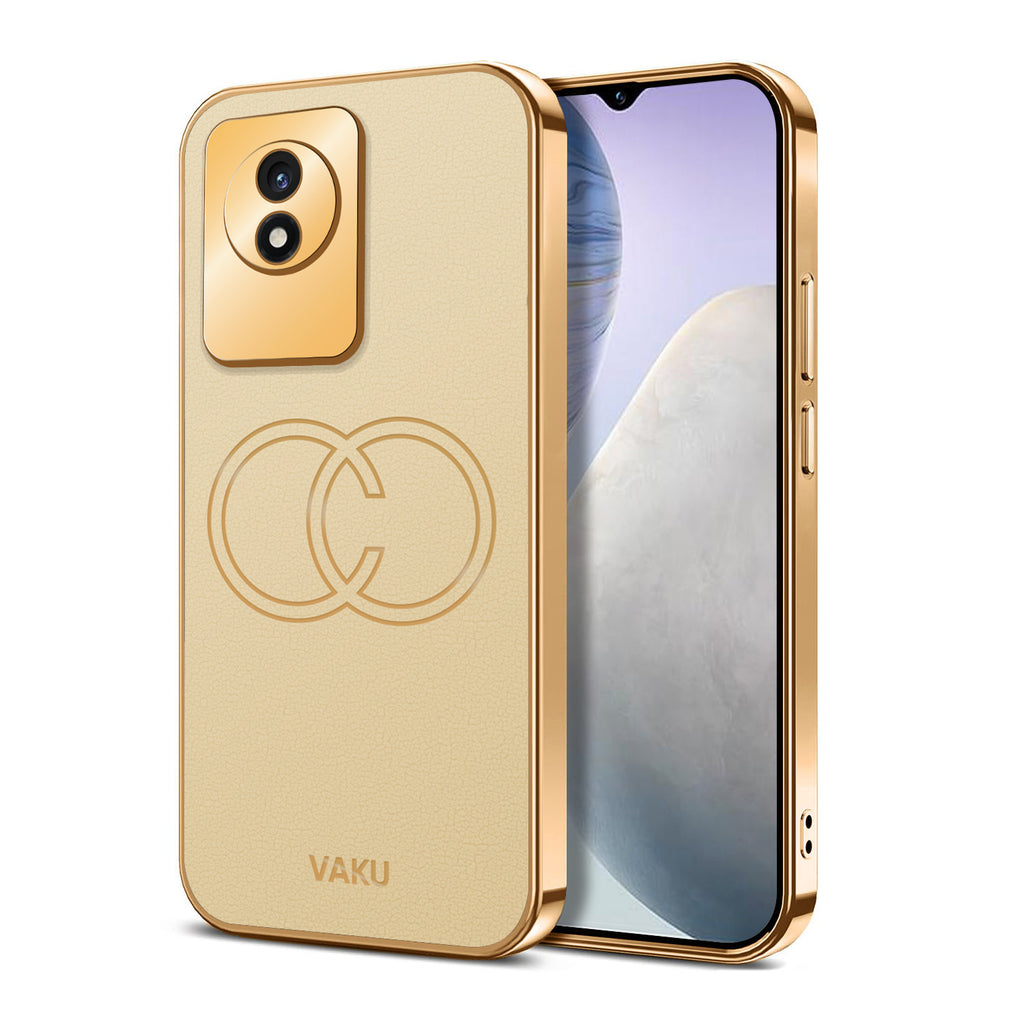 Vaku ® Vivo Y02 Skylar Leather Pattern Gold Electroplated Soft TPU Back Cover