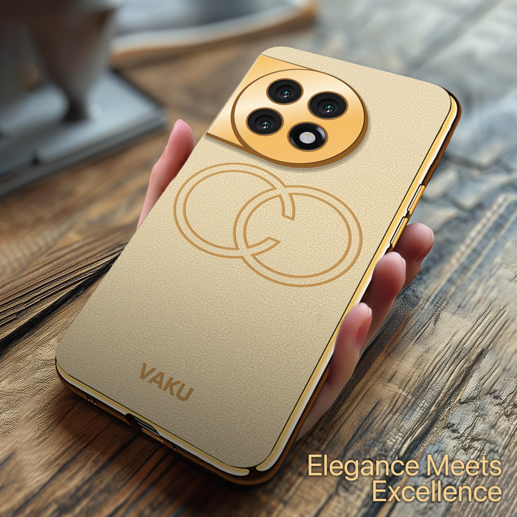 Vaku ® OnePlus 11R Skylar Series Leather Stitched Gold Electroplated Soft TPU Back Cover