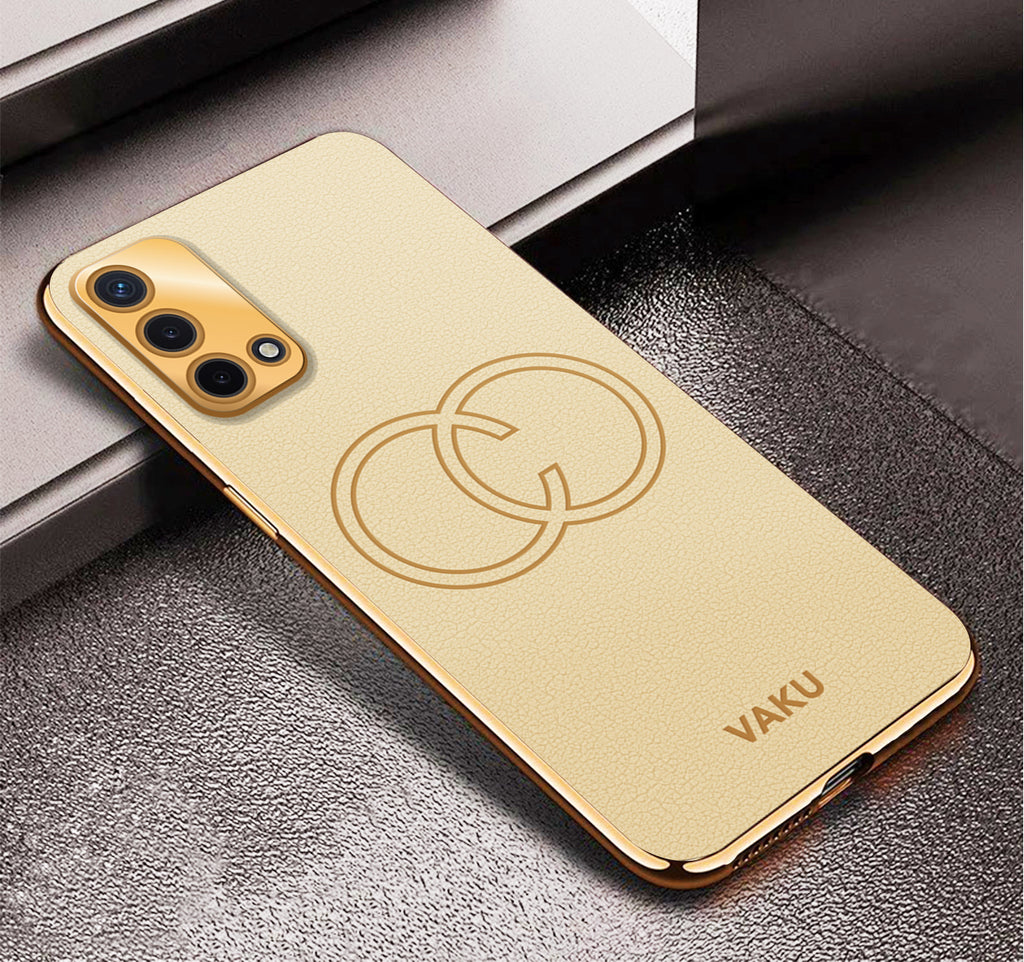 Vaku ® Oppo A74 4G Cheron Leather Stitched Gold Electroplated Soft TPU –