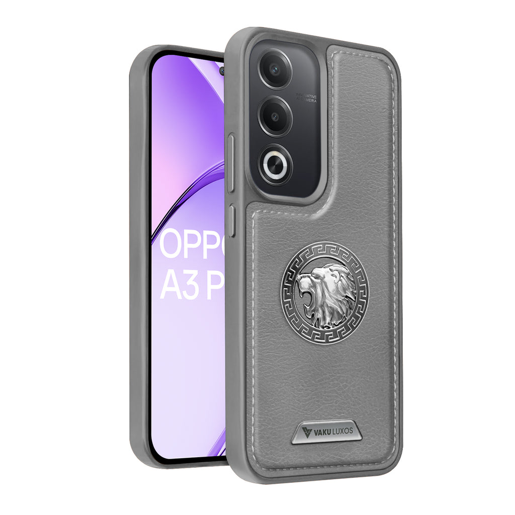 Vaku ® Oppo A3 Pro 5G Regal Shield Metal Lion Engraved Leather Back Cover