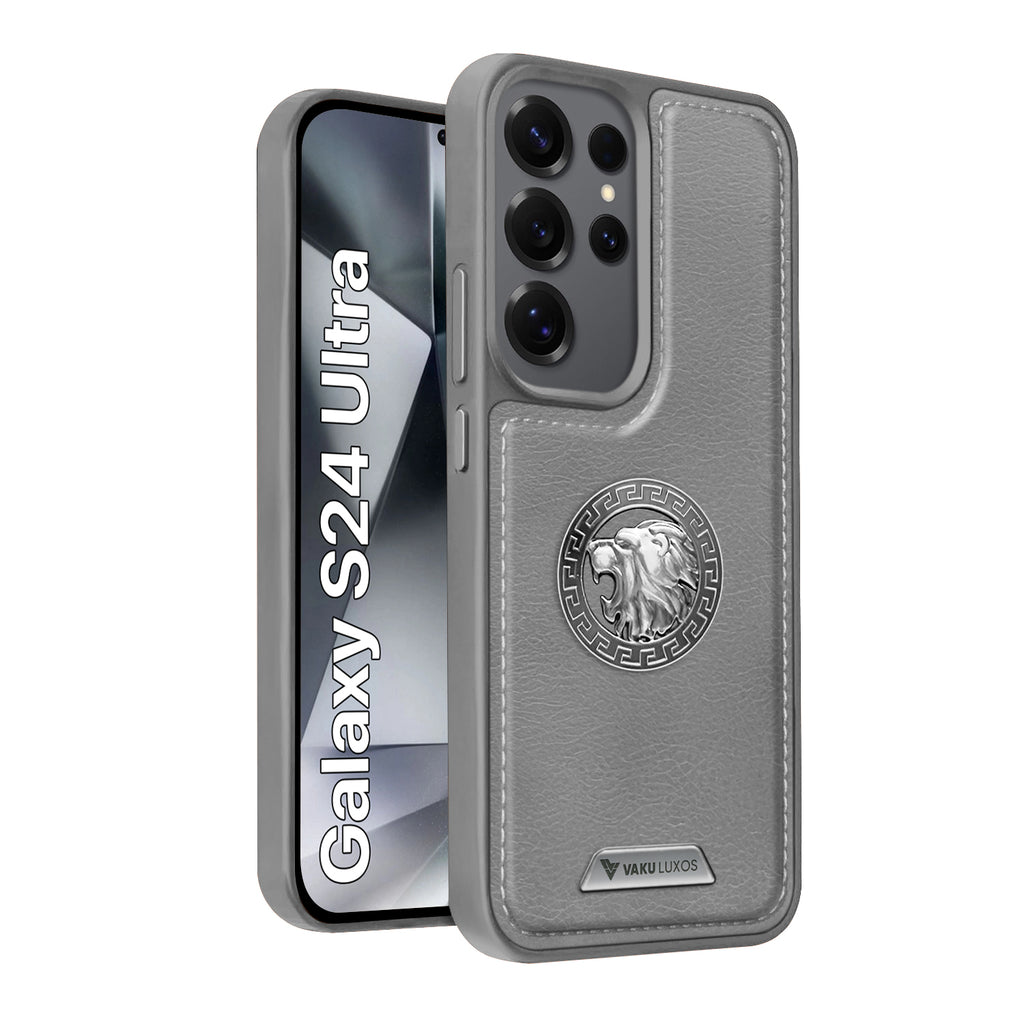 Vaku ® Samsung Galaxy S24 Ultra Regal Shield Metal Lion Engraved Leather Protective Back Cover