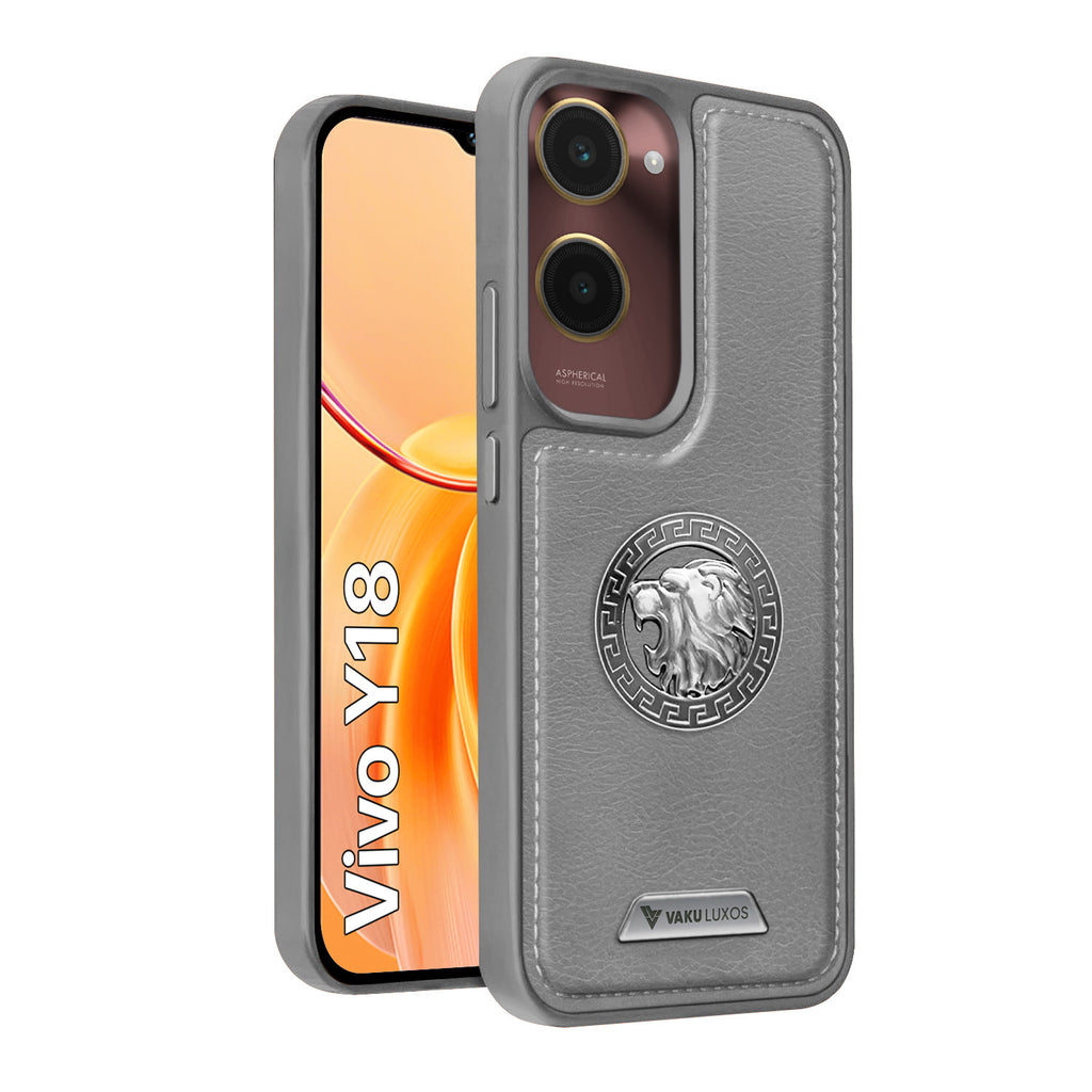 Vaku ® Vivo Y18 Regal Shield Metal Lion Engraved Leather Back Cover