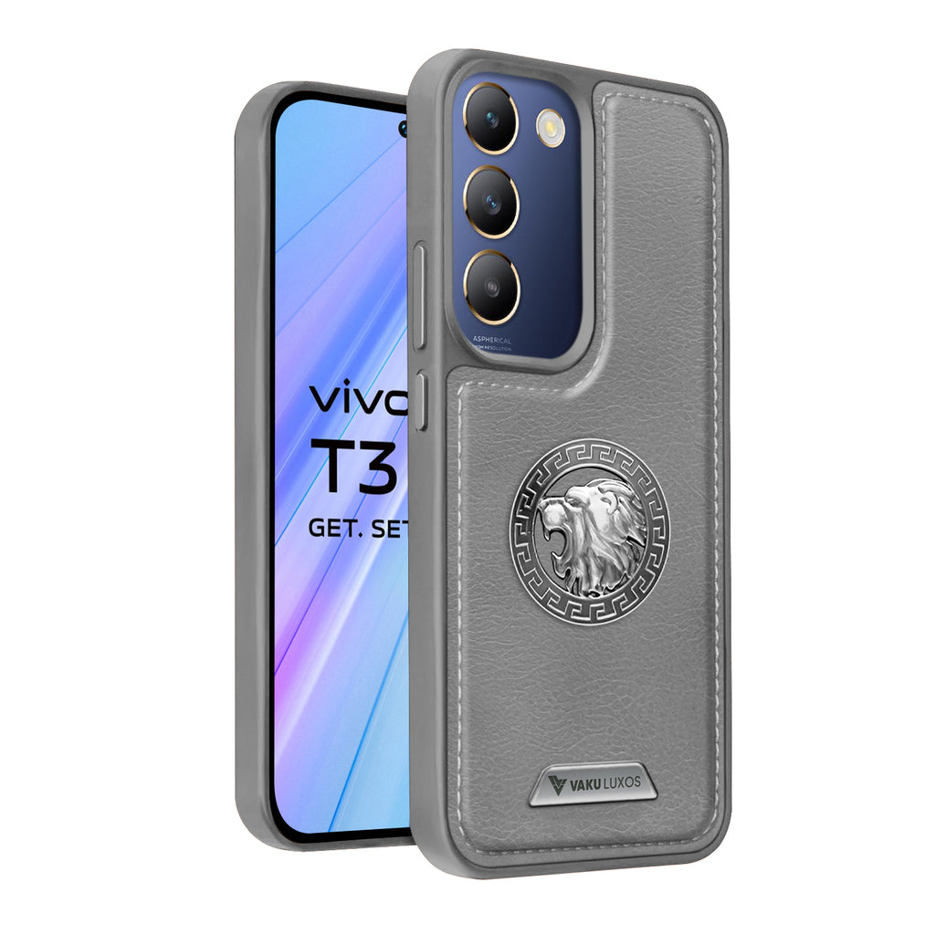 Vaku ® Vivo T3 5G Regal Shield Metal Lion Engraved Leather Back Cover