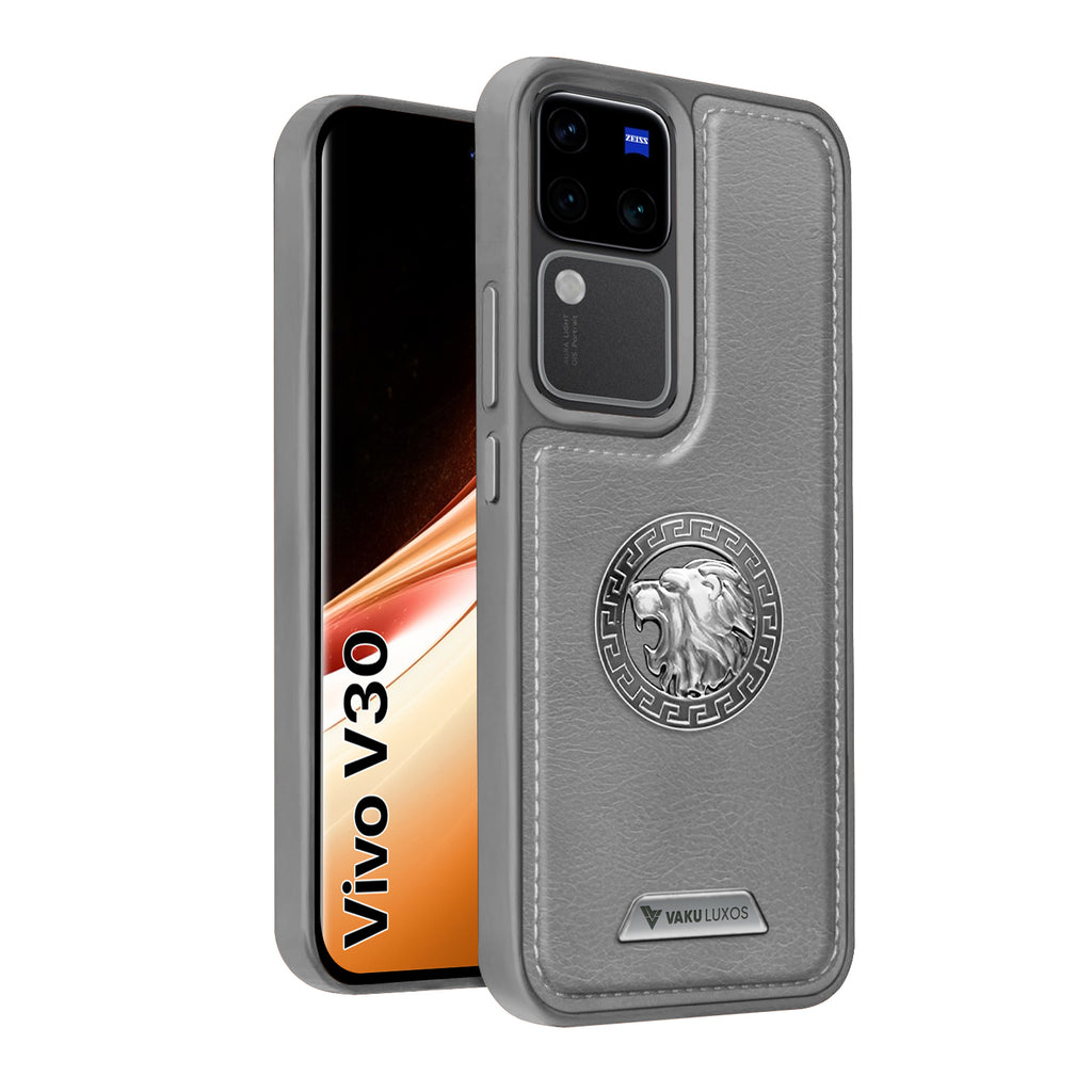 Vaku ® Vivo V30 5G Regal Shield Metal Lion Engraved Leather Back Cover
