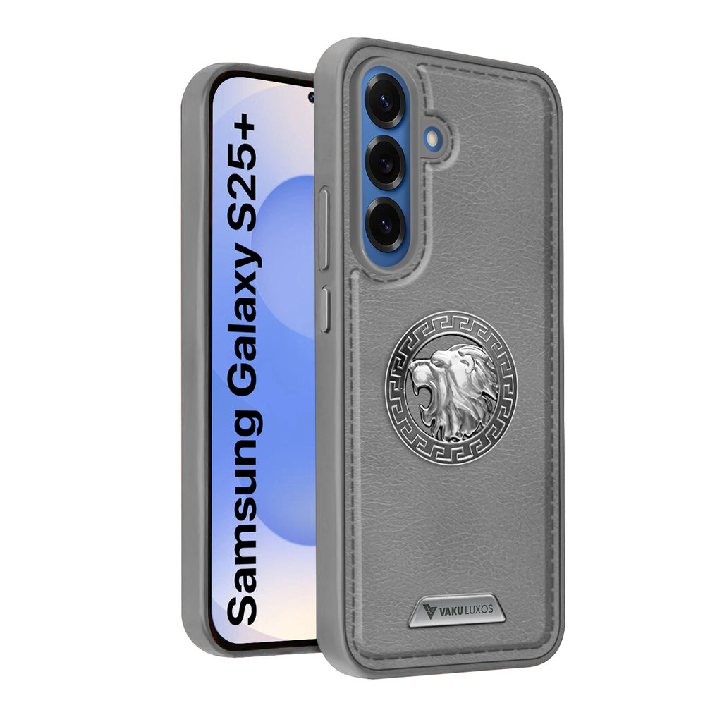 Vaku ® Samsung Galaxy S25 Plus Regal Shield Metal Lion Engraved Leather Back Cover