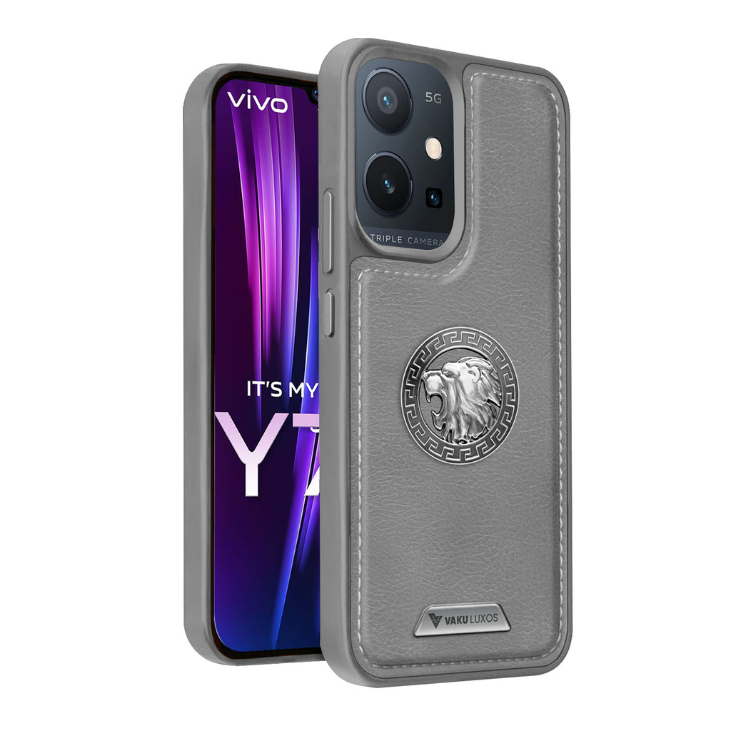 Vaku ® Vivo Y75 5G Regal Shield Metal Lion Engraved Leather Back Cover