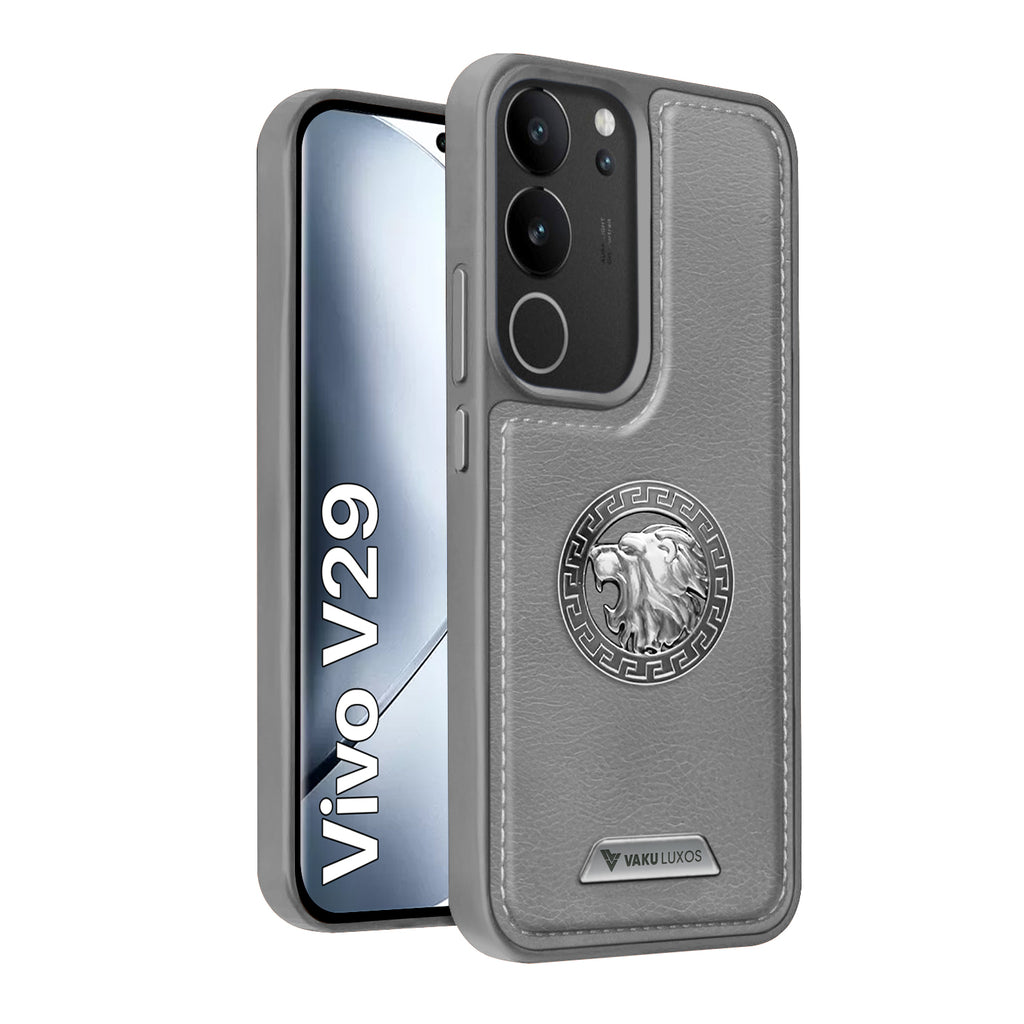 Vaku ® Vivo V29 5G Regal Shield Metal Lion Engraved Leather Back Cover