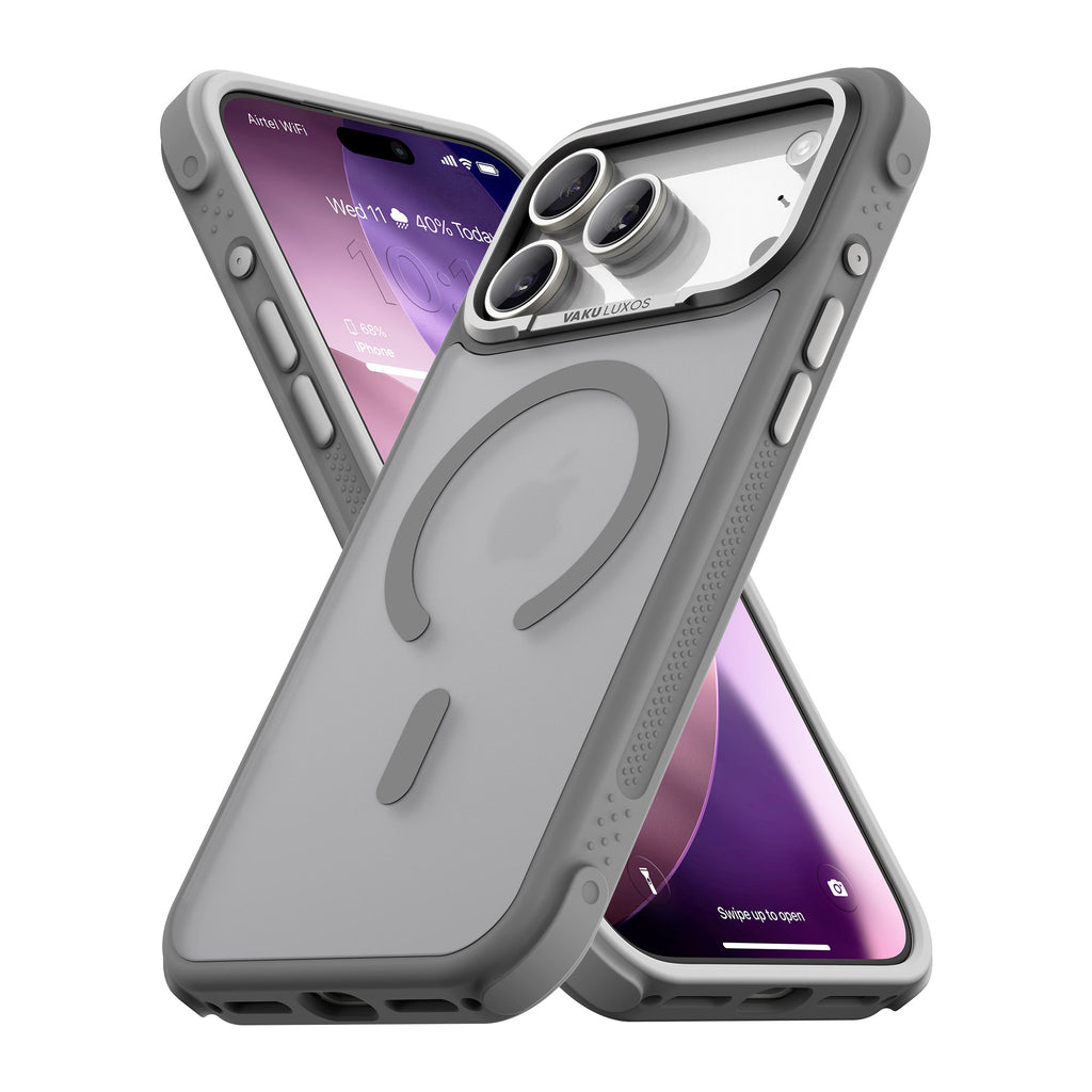Vaku Luxos ® Apple iPhone 17 Pro Max Thunder Magpro Translucent Scratch Resistant Military-Grade Protection Case With Stand Holder Metal Camera Ring Shockproof Back Cover