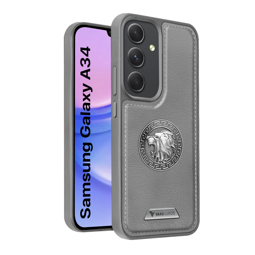 Vaku ® Samsung Galaxy A34 5G Regal Shield Metal Lion Engraved Leather Protective Back Cover