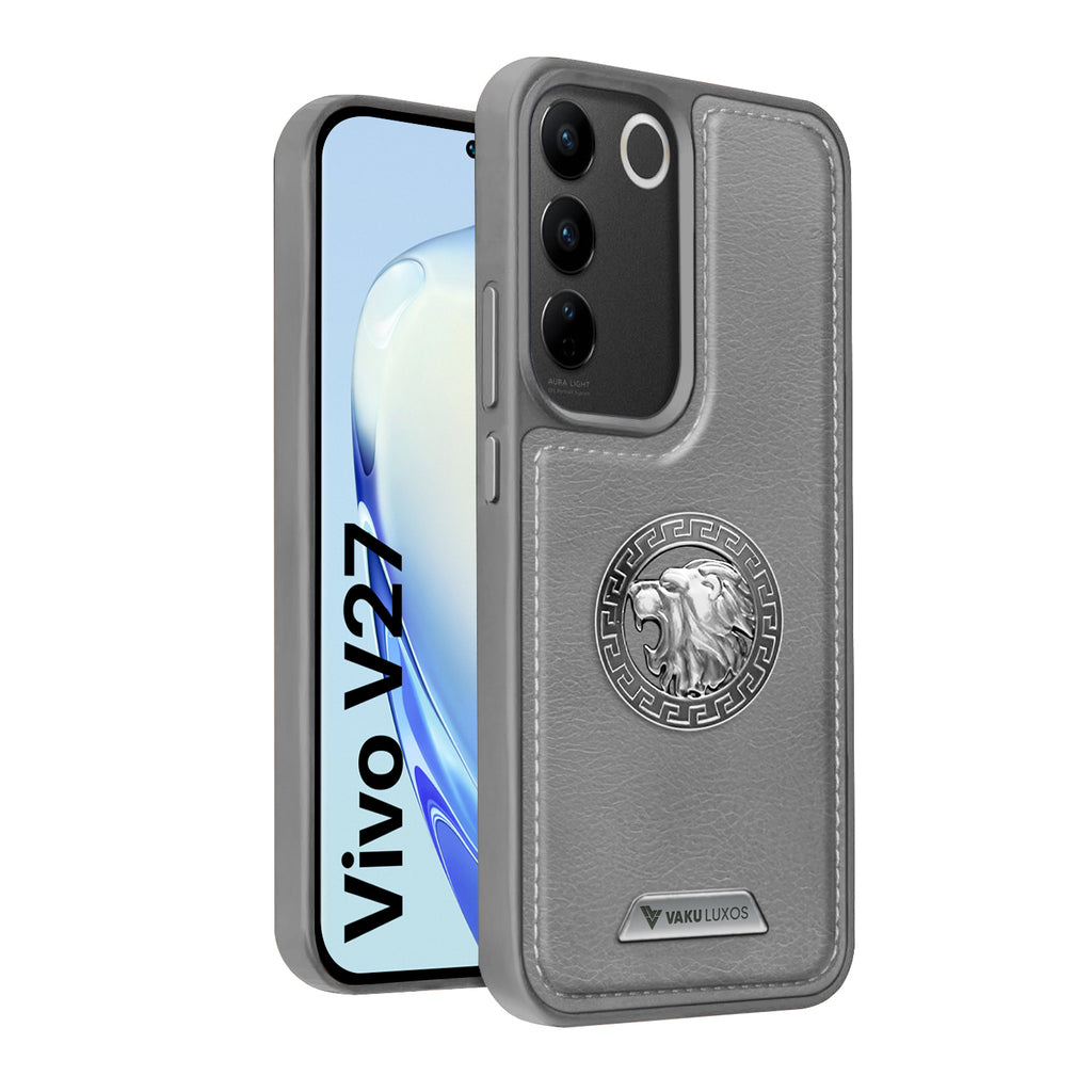 Vaku ® Vivo V27 5G Regal Shield Metal Lion Engraved Leather Back Cover