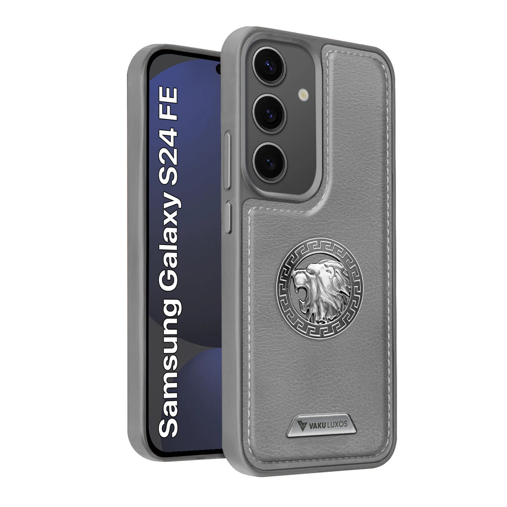 Vaku ® Samsung Galaxy S24 FE Regal Shield Metal Lion Engraved Leather Protective Back Cover