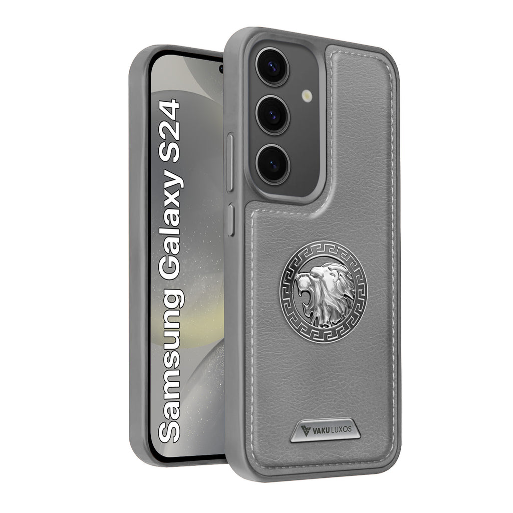 Vaku ® Samsung Galaxy S24 Regal Shield Metal Lion Engraved Leather Protective Back Cover