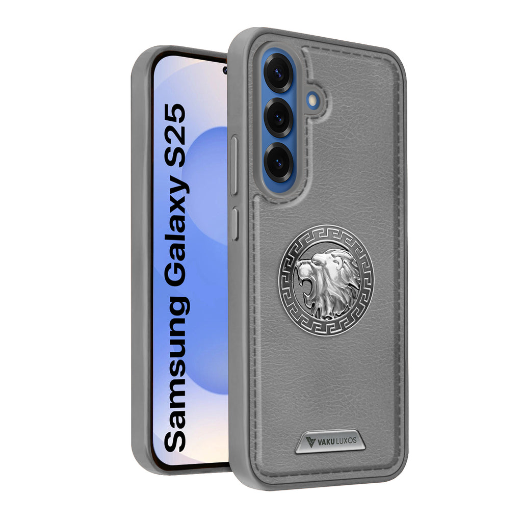 Vaku ® Samsung Galaxy S25 Regal Shield Metal Lion Engraved Leather Protective Back Cover