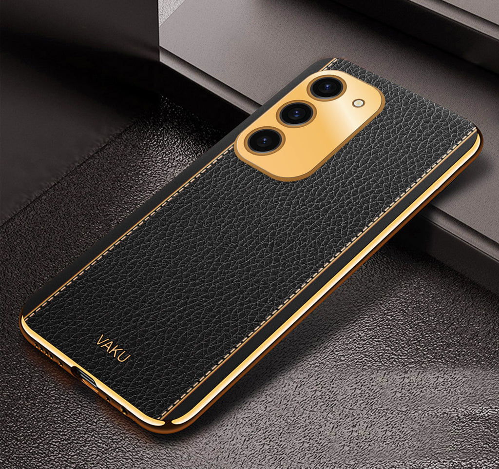 Vaku® Samsung Galaxy S23 Plus Luxemberg Series Leather Stitched Gold Electroplated Soft TPU Back Cover
