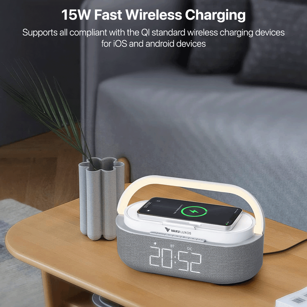 Vaku Luxos® AUDIOSTATION 3IN1 WIRELESS SPEAKER with 15W Wireless Charger and Clock, Alarm 360 Surround sound with RGB Light - White