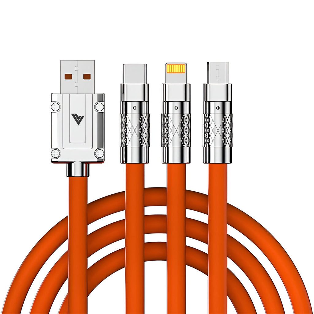 Vaku Luxos ® 3-in-1 Fast Charging Data Sync Cable 120W Durable Silicone Cable With Lightning, C-Type, Micro USB Ports