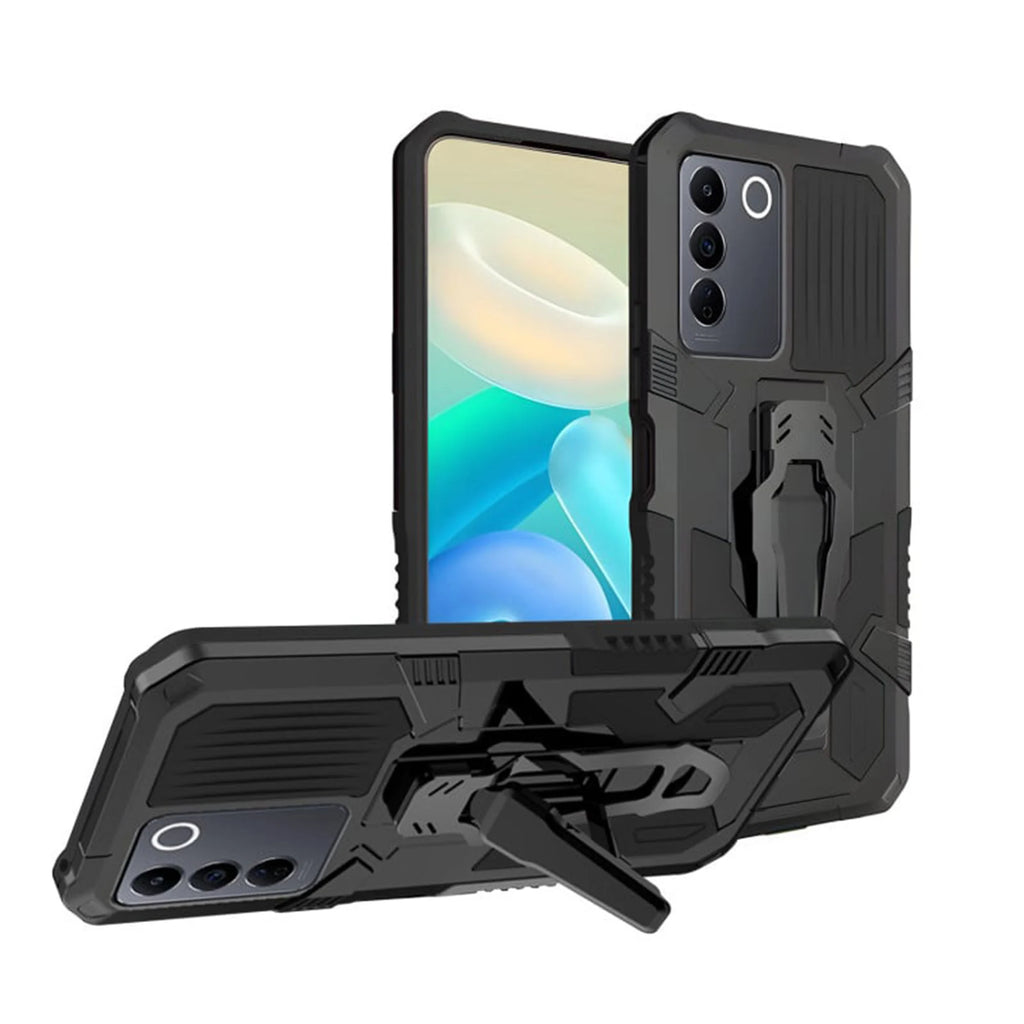 Vaku ® Vivo Y27 Vanguard Military Grade Armor Case with Metal Belt Clip Kickstand Back Cover