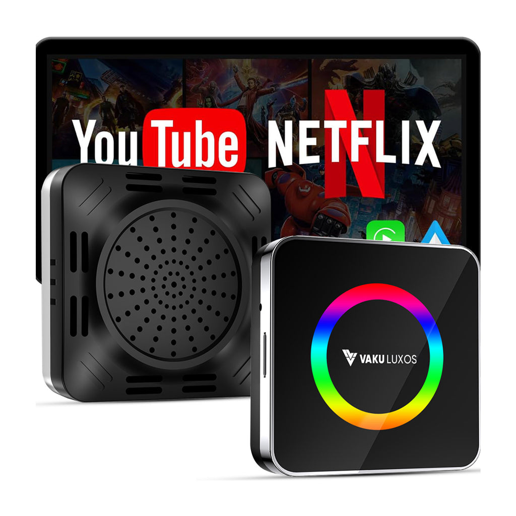 Vaku Luxos® AUTOGLIDE LED Wireless Apple CarPlay & Android Auto Adapter Video Streaming YouTube, Netflix, GPS Navigation, Backup Camera & TF Card Playback for All Cars