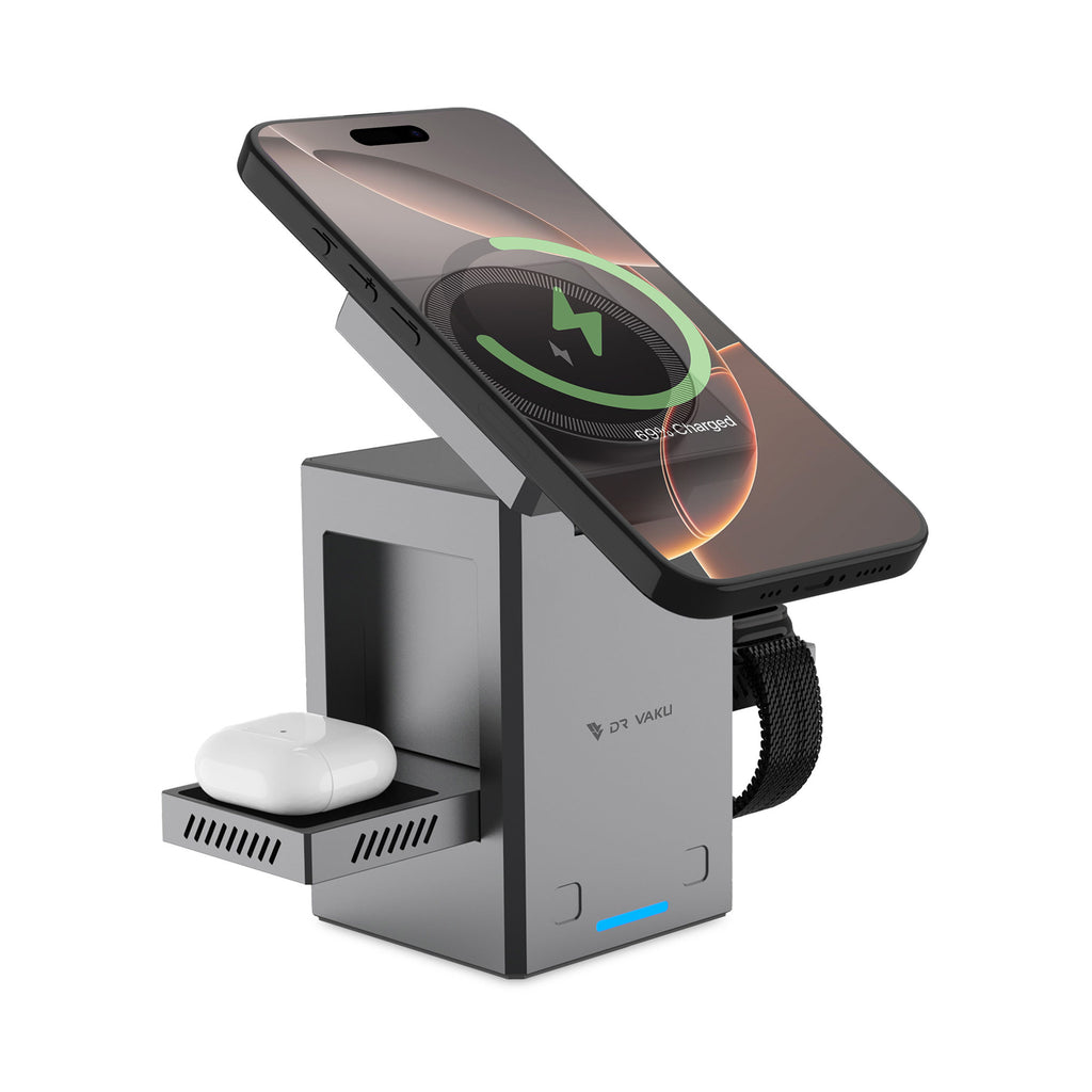 Vaku Luxos ® Autopod 3in1 Wireless Charger Qi2 Certified 23W MagSafe Touch To Unfold Charging Stand For iPhone 16/16 Plus/16 Pro/16 Pro Max,15/14/13/12 Series, AirPods 2/3/Pro Series 9/4/SE