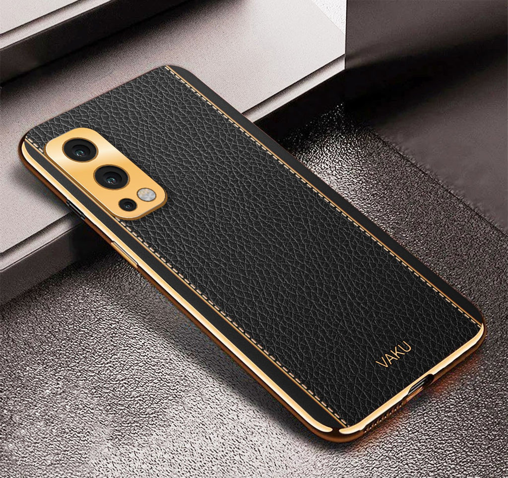 Vaku® Oneplus Nord 2 Luxemberg Series Leather Stitched Gold Electroplated Soft TPU Back Cover