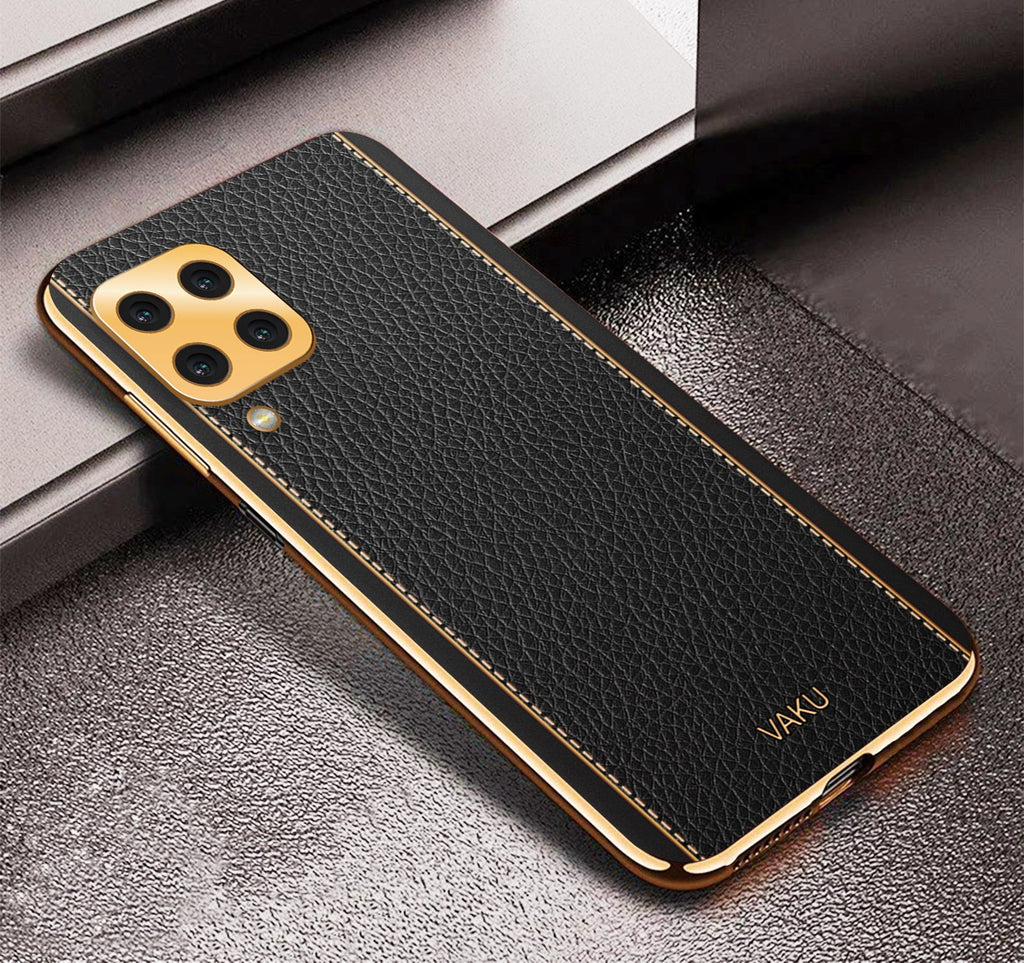 Vaku® Samsung Galaxy M32 Luxemberg Series Leather Stitched Gold Electroplated Soft TPU Back Cover