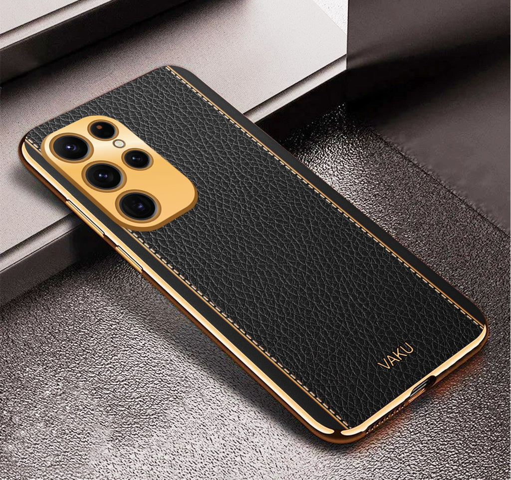 Vaku® Samsung Galaxy S22 Ultra Luxemberg Series Leather Stitched Gold Electroplated Soft TPU Back Cover
