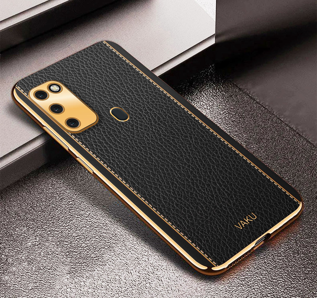 Vaku® Samsung Galaxy M30S Luxemberg Series Leather Stitched Gold Electroplated Soft TPU Back Cover