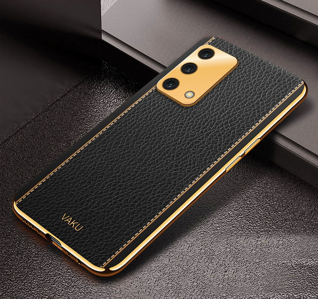 Vaku® Oppo F19s Luxemberg Series Leather Stitched Gold Electroplated Soft TPU Back Cover