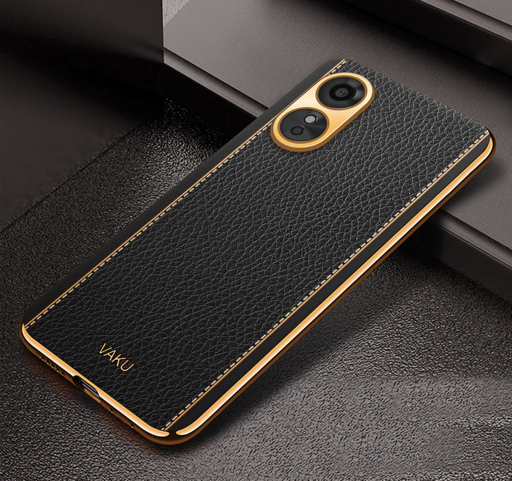 Vaku ® Oppo A17 Luxemberg Leather Pattern Gold Electroplated Soft TPU Back Cover