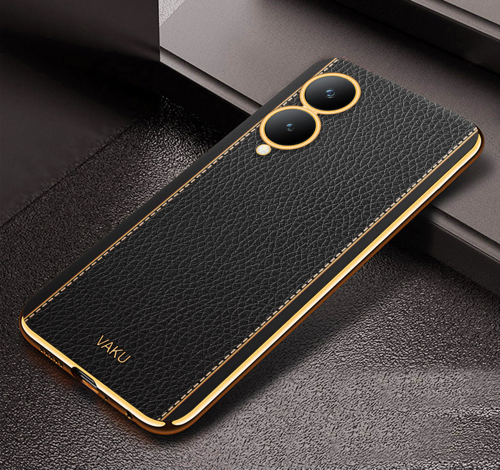 Vaku® Vivo Y17s Luxemberg Leather Stitched Gold Electroplated Soft TPU Back Cover Case