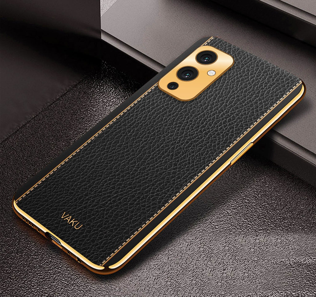 Vaku® OnePlus 9 Luxemberg Series Leather Stitched Gold Electroplated Soft TPU Back Cover