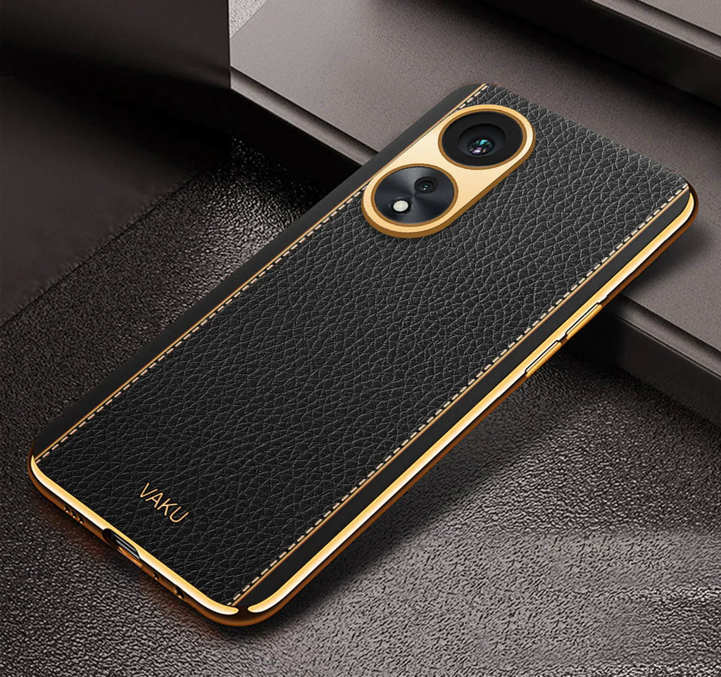 Vaku® Oppo A78 Luxemberg Series Leather Stitched Gold Electroplated Soft TPU Back Cover