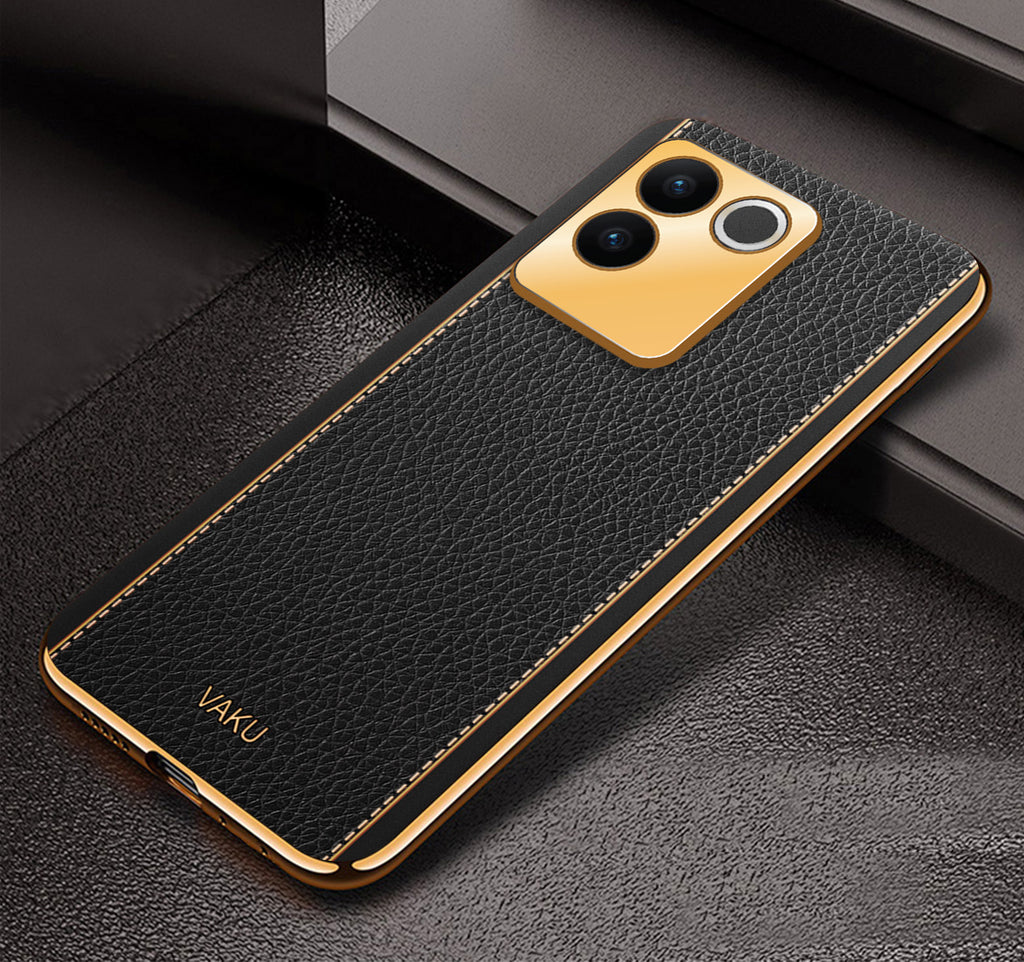 Vaku ® Vivo T2 Pro 5G Luxemberg Leather Pattern Gold Electroplated Soft TPU Back Cover