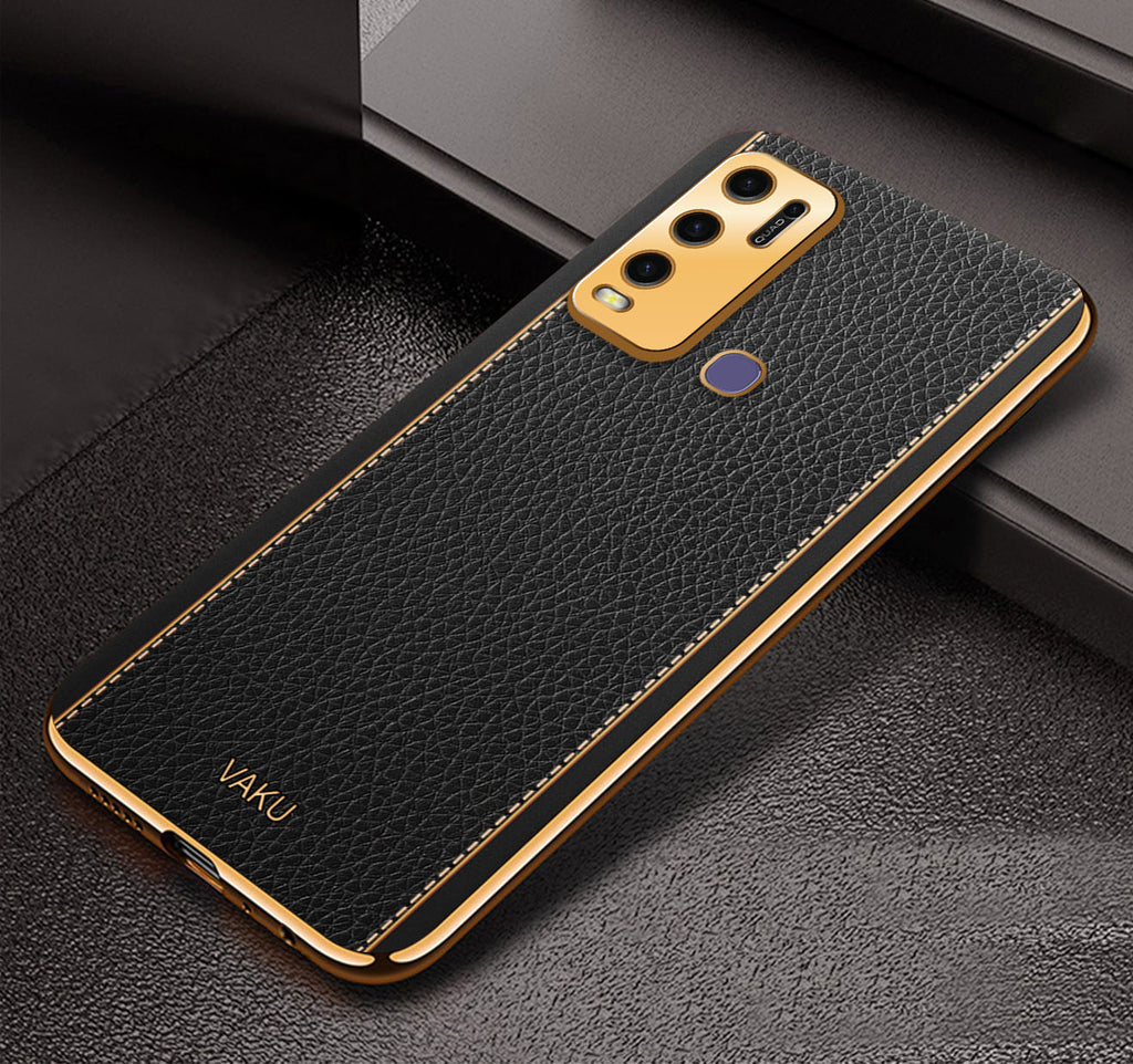 Vaku ® Vivo Y30 Luxemberg Leather Pattern Gold Electroplated Soft TPU Back Cover