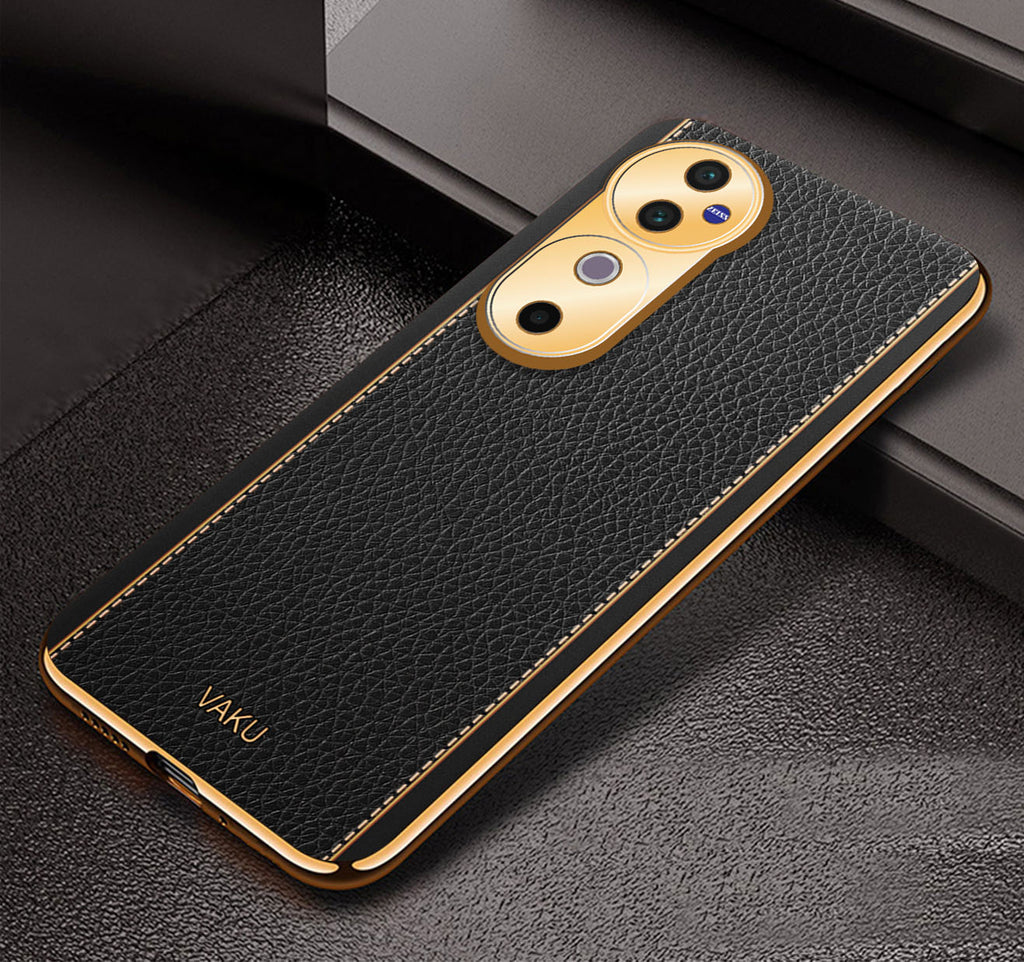 Vaku ® Vivo V40 5G Luxemberg Leather Pattern Gold Electroplated Soft TPU Back Cover