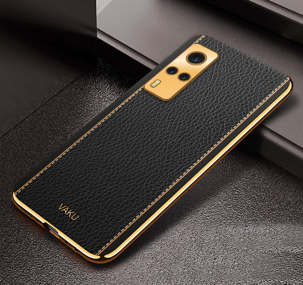 Vaku® Vivo Y53S Luxemberg Series Leather Stitched Gold Electroplated Soft TPU Back Cover