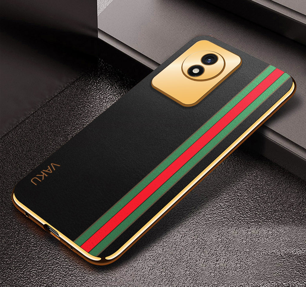 Vaku® Vivo Y02 Felix Line Leather Pattern Gold Electroplated Soft TPU Back Cover Case