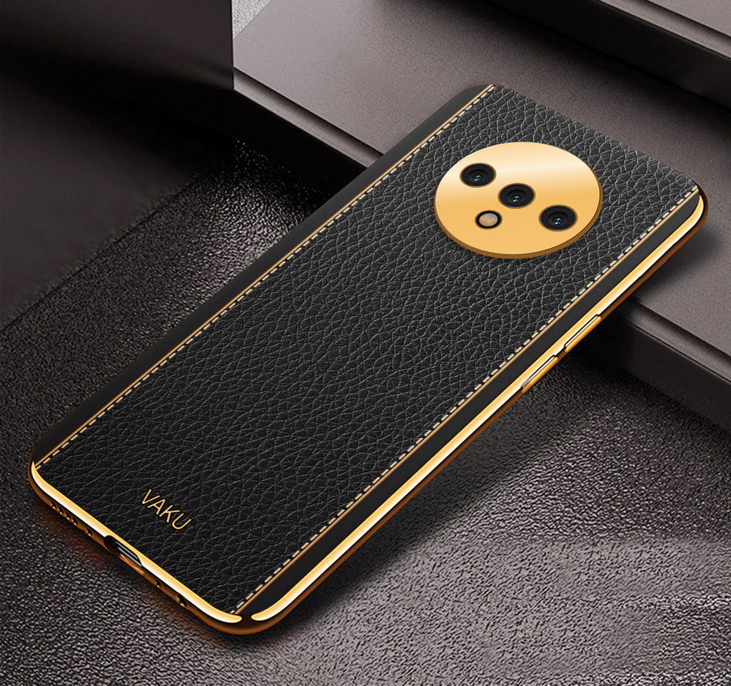 Vaku® Oneplus 7T Luxemberg Leather Stitched Gold Electroplated Soft TPU Back Cover