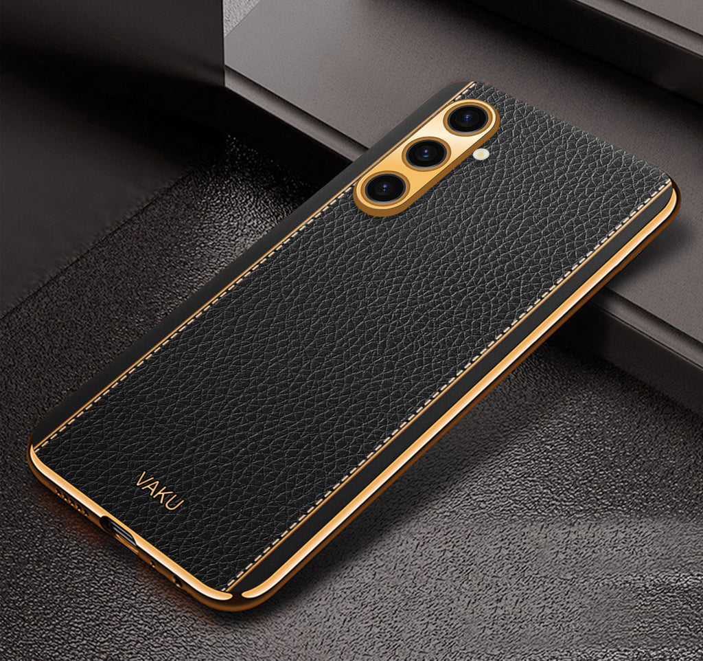 Vaku® Samsung Galaxy A04s Luxemberg Series Leather Stitched Gold Electroplated Soft TPU Back Cover