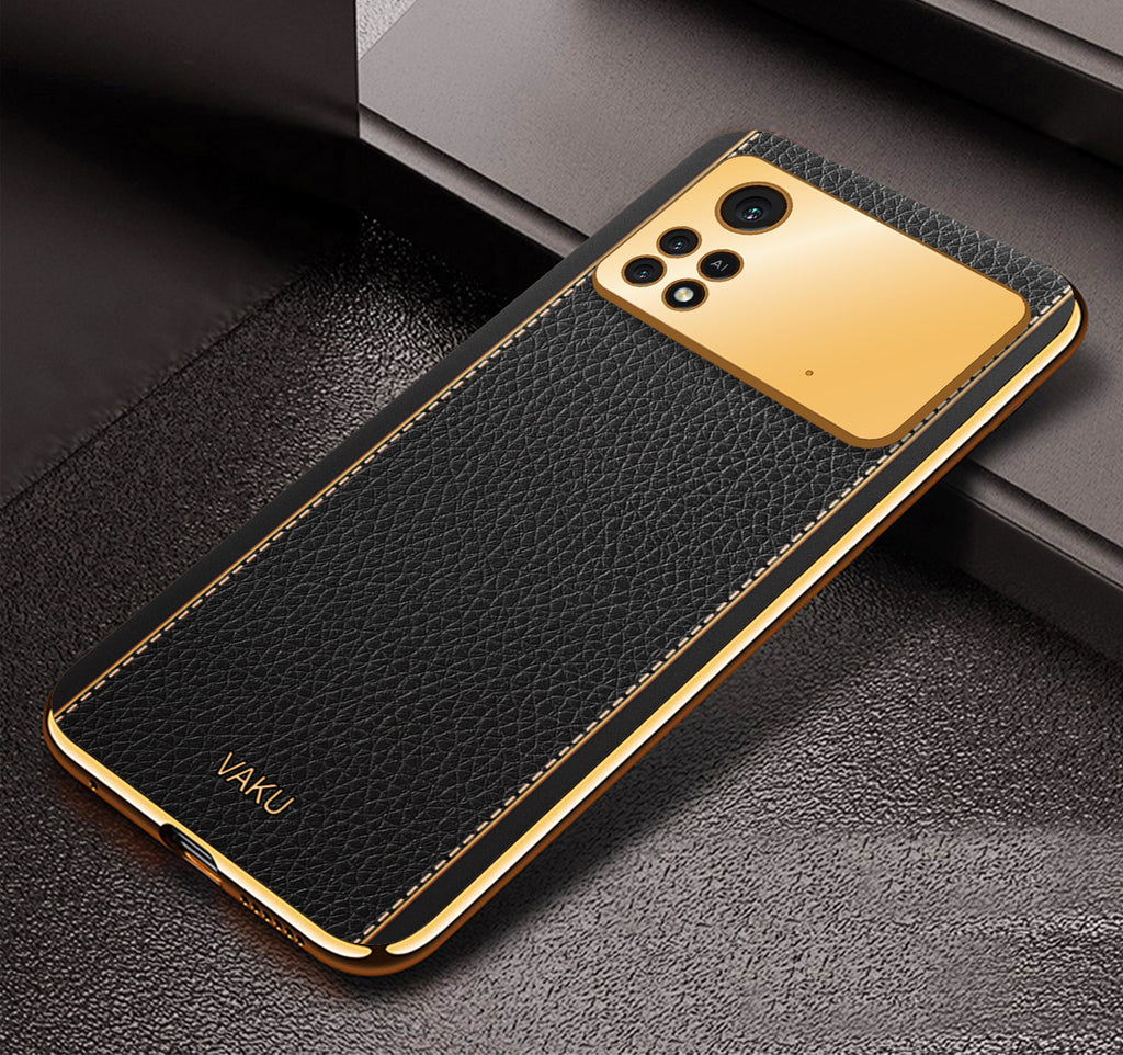 Vaku® Xiaomi Poco M4 Pro Luxemberg Series Leather Stitched Gold Electroplated Soft TPU Back Cover