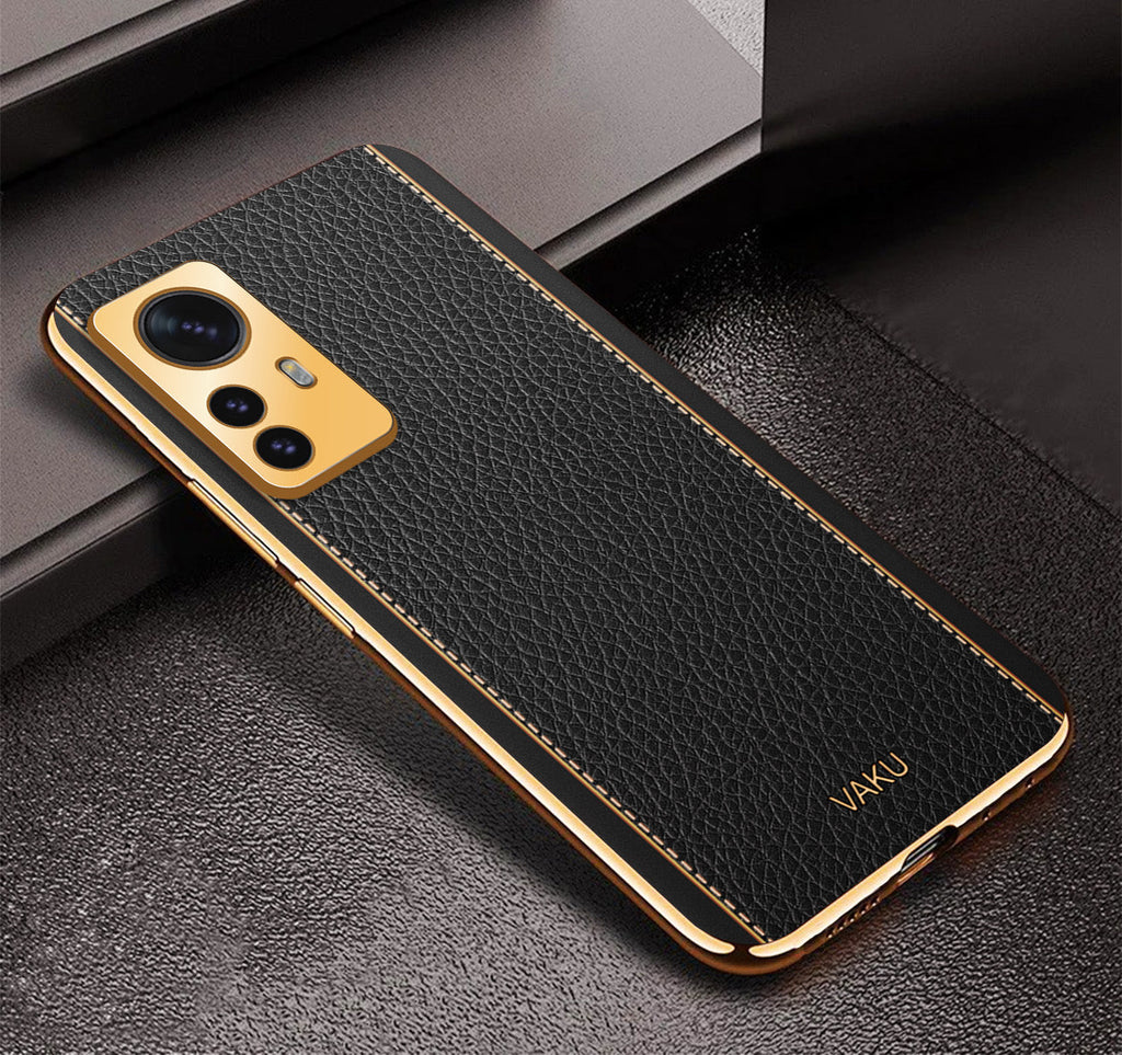 Vaku® Xiaomi 12 Pro 5G Luxemberg Leather Pattern Gold Electroplated Soft TPU Back Cover