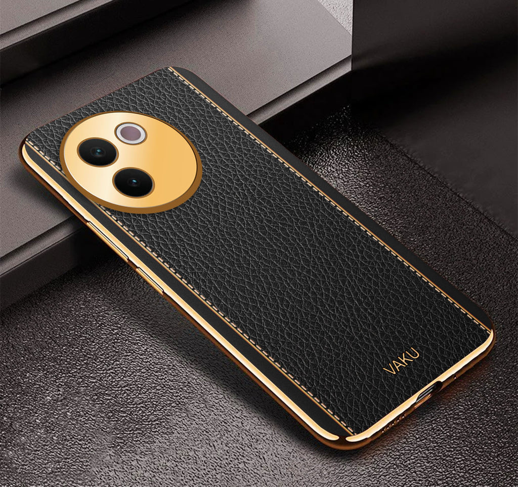 Vaku ® Vivo V30e 5G Luxemberg Leather Pattern Gold Electroplated Soft TPU Back Cover
