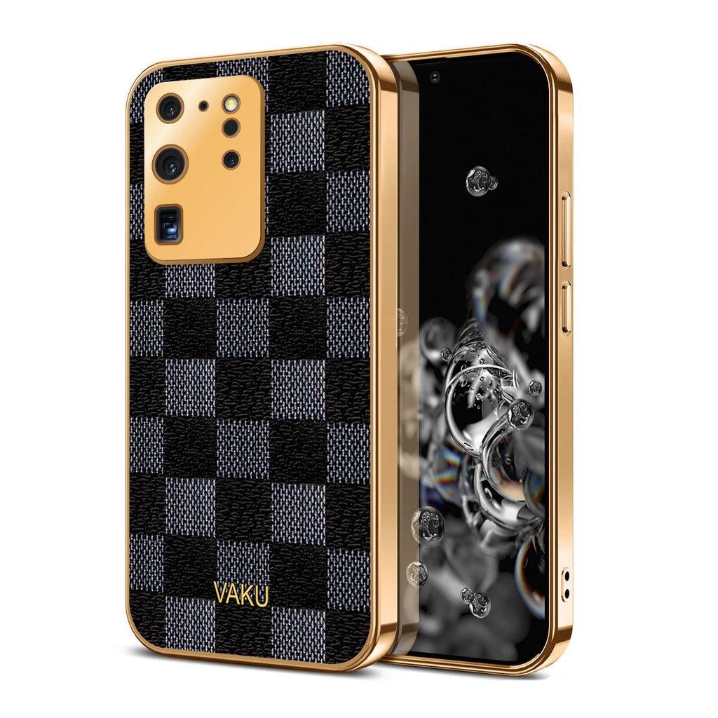 Vaku® Samsung Galaxy S20 Ultra Cheron Series Leather Stitched Gold Electroplated Soft TPU Back Cover