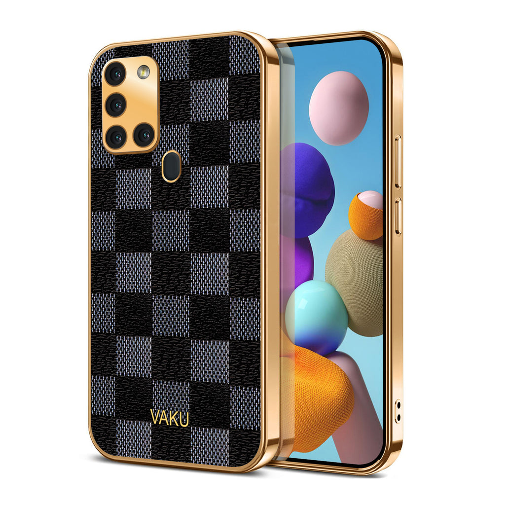 Vaku® Samsung Galaxy A21s Cheron Series Leather Stitched Gold Electroplated Soft TPU Back Cover