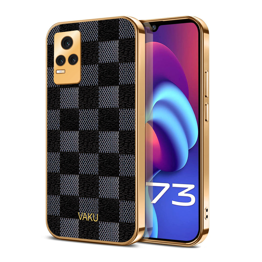 Vaku® Vivo Y73 Cheron Series Leather Stitched Gold Electroplated Soft TPU Back Cover