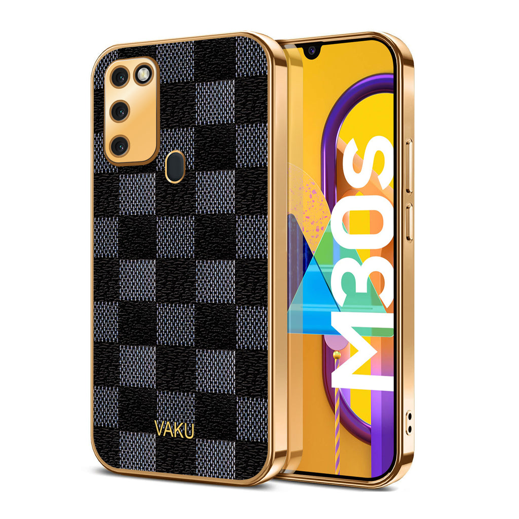 Vaku® Samsung Galaxy M30S Cheron Series Leather Stitched Gold Electroplated Soft TPU Back Cover