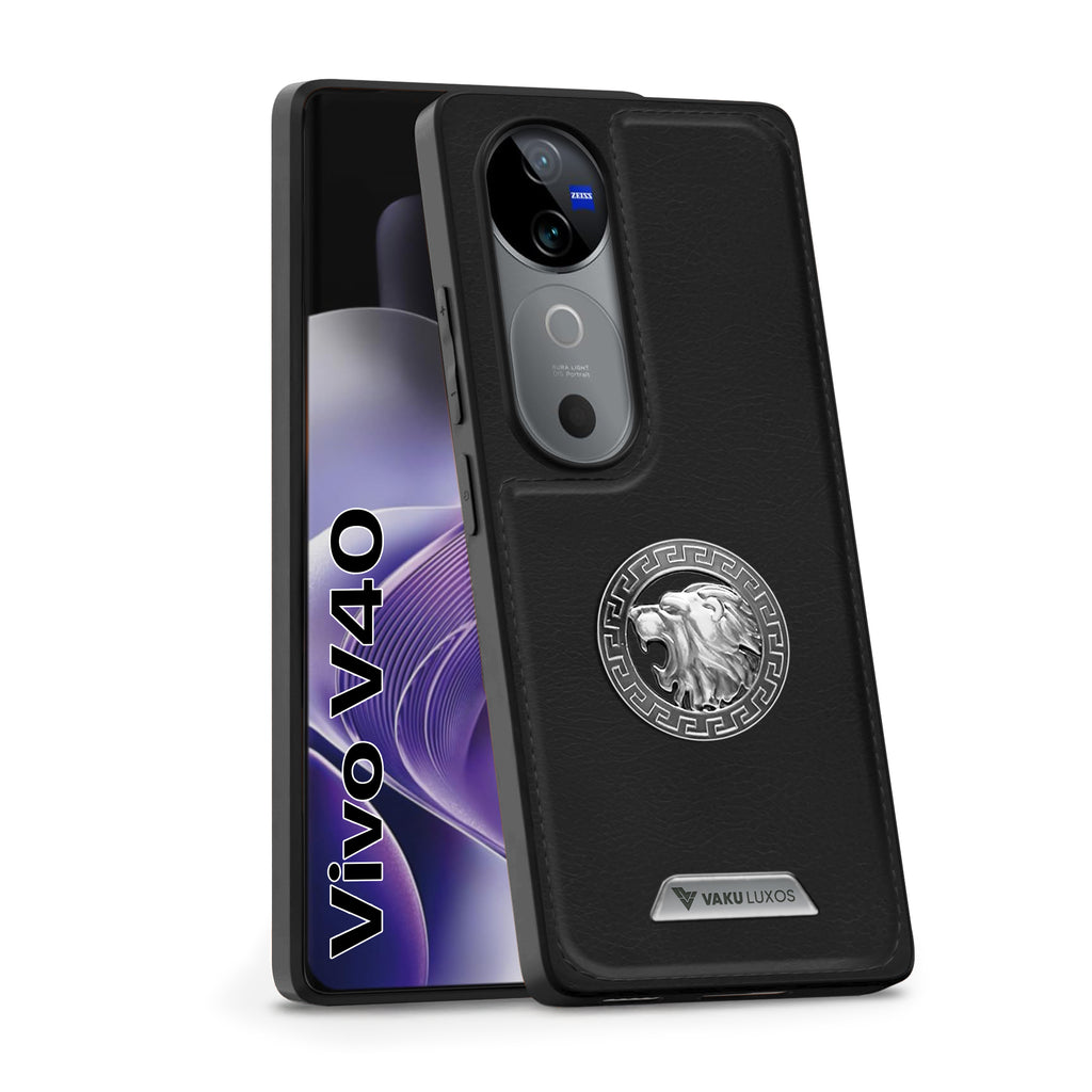 Vaku ® Vivo V40 5G Regal Shield Metal Lion Engraved Leather Back Cover