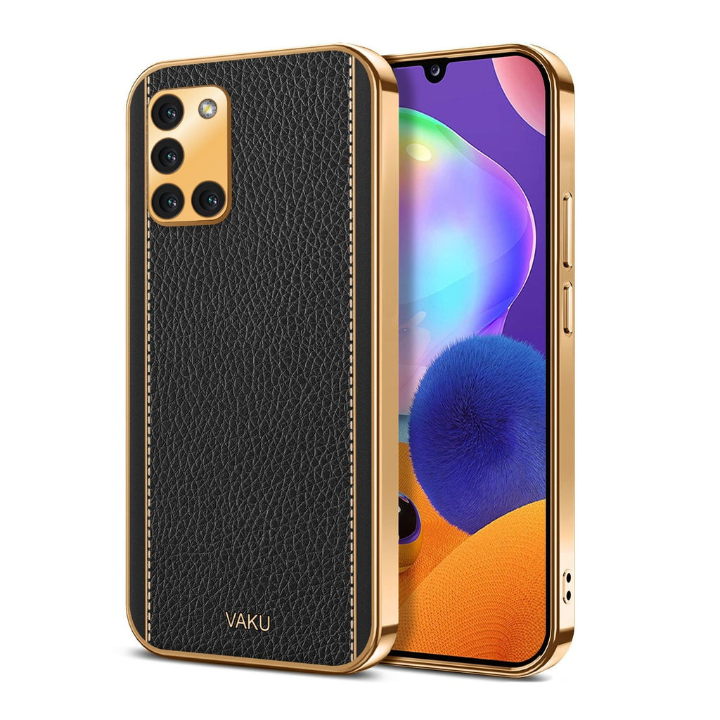 Vaku ® Samsung Galaxy A31 Luxemberg Leather Stitched Gold Electroplated Soft TPU Back Cover