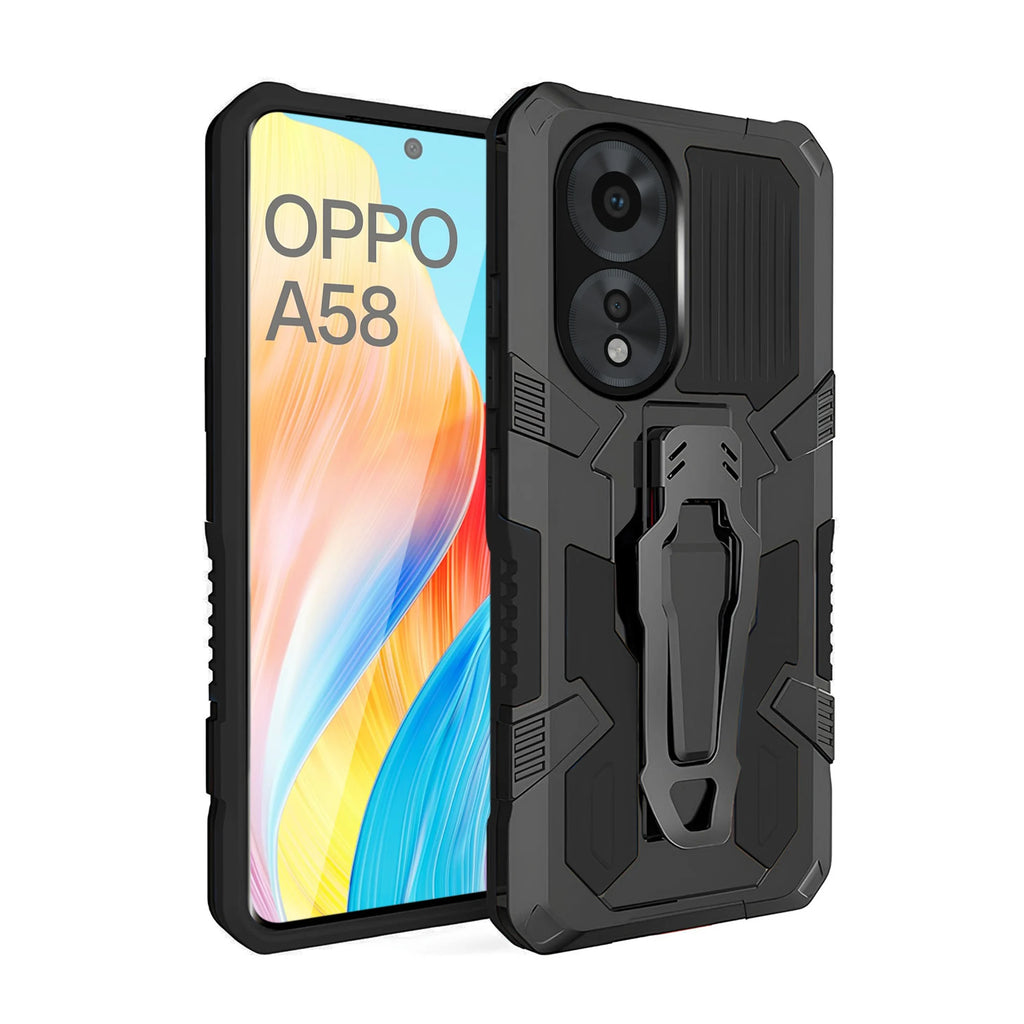 Vaku ® Oppo A58 4G Vanguard Military Grade Armor Case with Metal Belt Clip Kickstand Back Cover