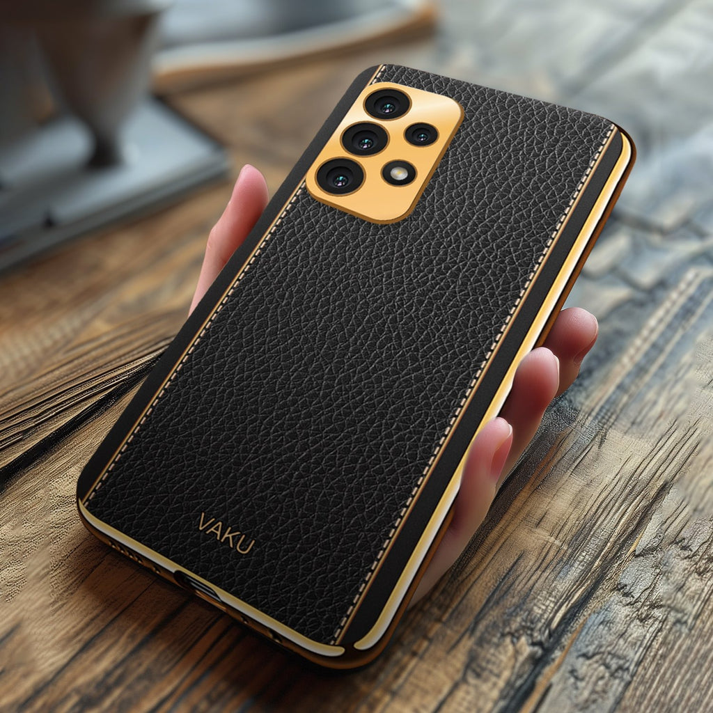 Vaku ® Samsung Galaxy A32 4G Luxemberg Series Leather Stitched Gold Electroplated Soft TPU Back Cover